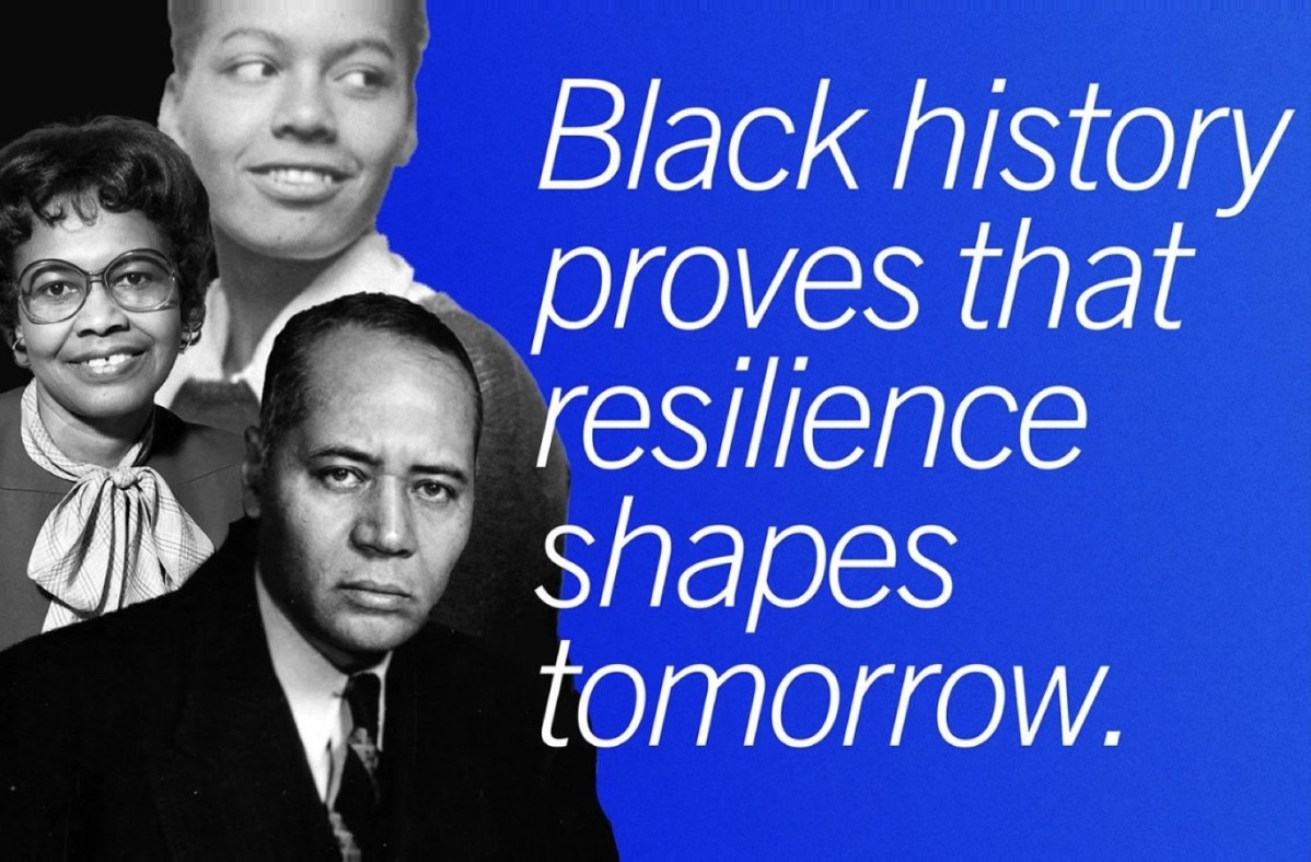 Archival portraits of Black American leaders against the DAS royal blue, carrying the line "Black history proves that resilience shapes tomorrow." Lead image for the Black History Month written piece.