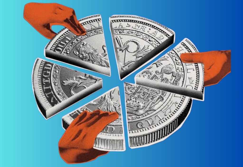 A silver coin cut into six wedges with hands reaching in to take a share, on a teal to blue gradient. Lead image for the written piece on meritocracy, culture and climate.